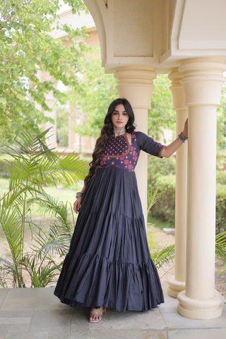 Black Cotton Gown with Real Mirror Work ClothsVilla