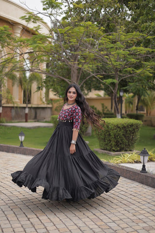 Black Cotton Gown with Real Mirror Work ClothsVilla