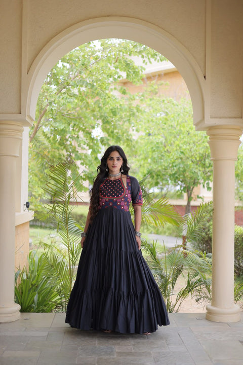 Black Cotton Gown with Real Mirror Work ClothsVilla Main image