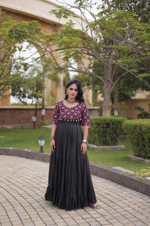 Black Cotton Gown with Real Mirror Work ClothsVilla Main image