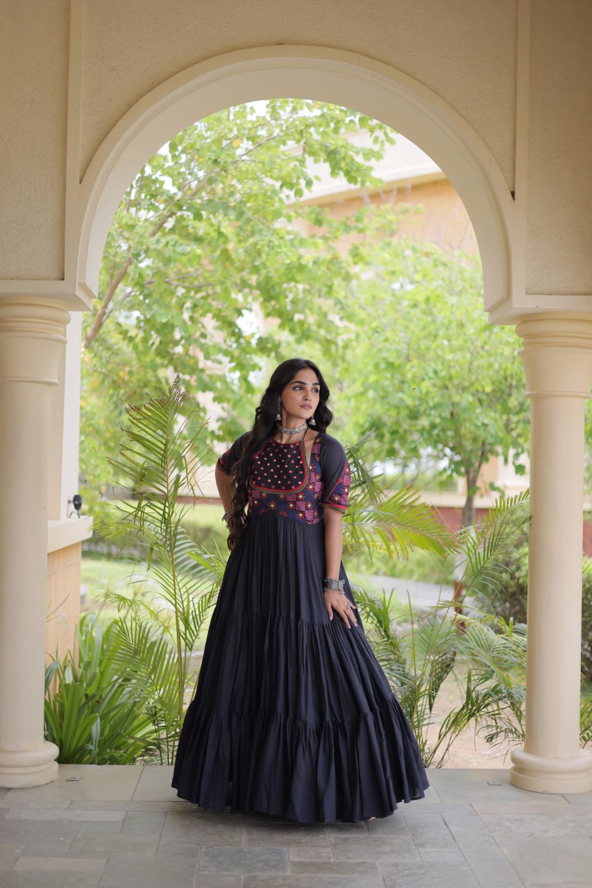 Black Cotton Gown with Real Mirror Work ClothsVilla