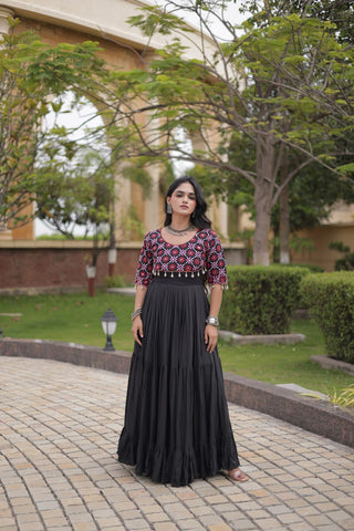 Black Cotton Gown with Real Mirror Work ClothsVilla