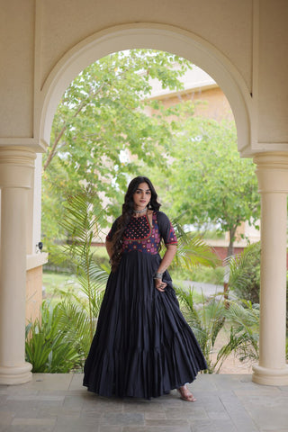 Black Cotton Gown with Real Mirror Work ClothsVilla