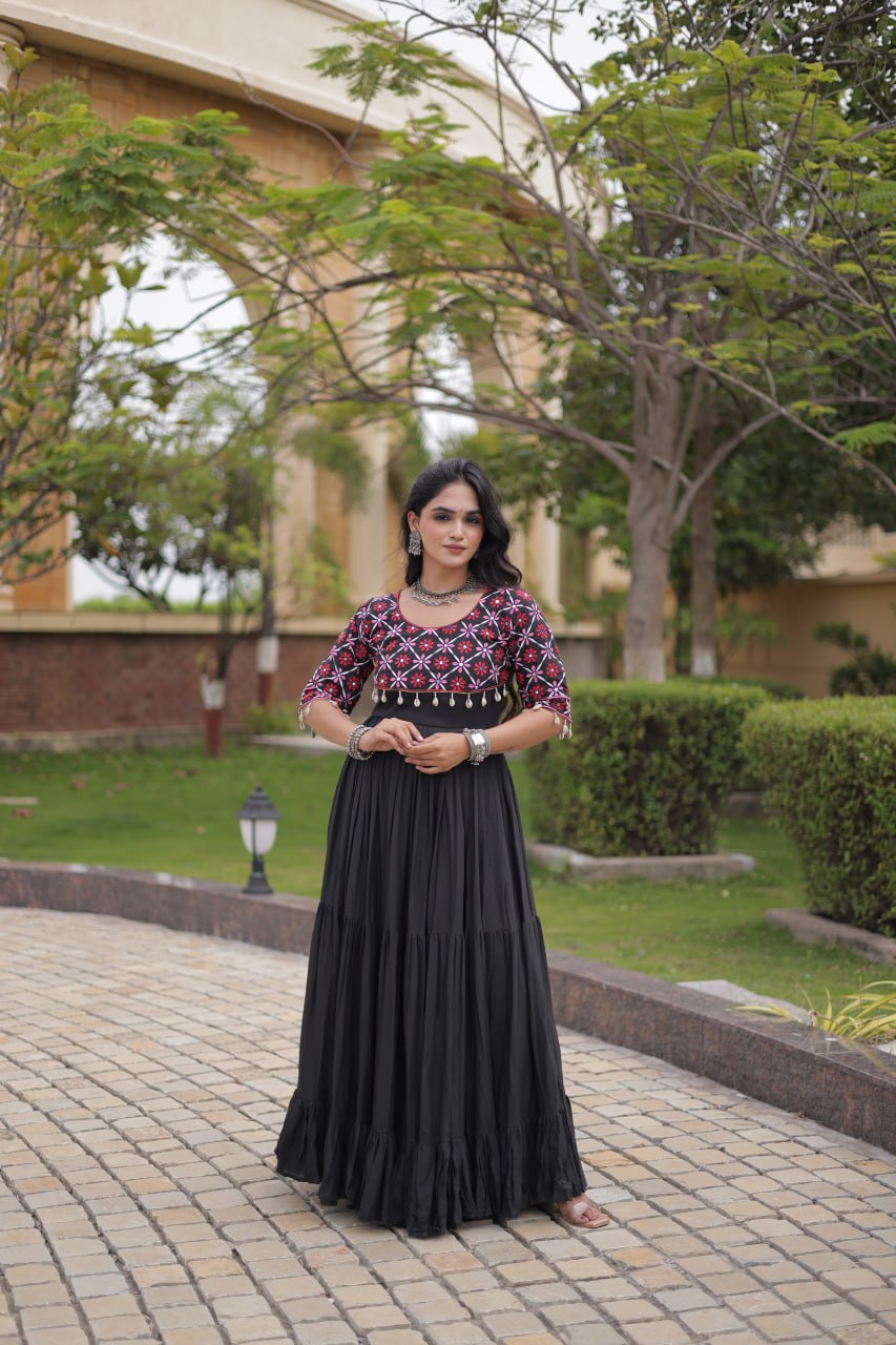 Black Cotton Gown with Real Mirror Work ClothsVilla