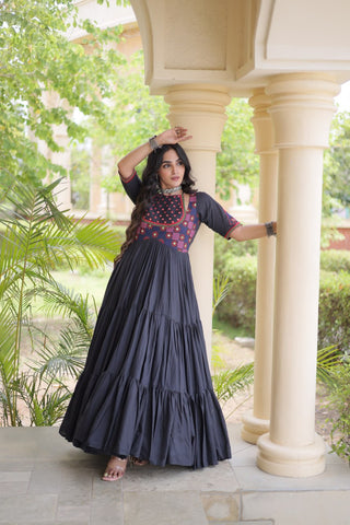 Black Cotton Gown with Real Mirror Work ClothsVilla