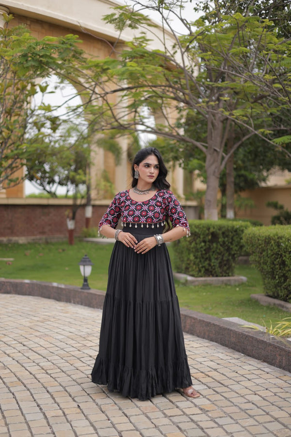 Black Cotton Gown with Real Mirror Work ClothsVilla
