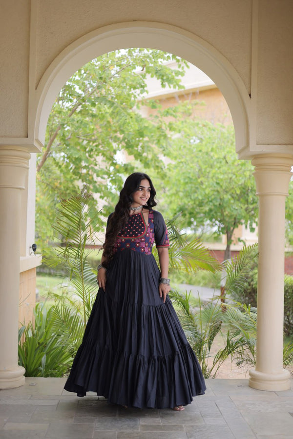 Black Cotton Gown with Real Mirror Work ClothsVilla