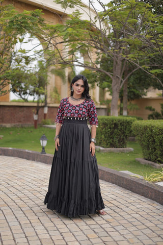 Black Cotton Gown with Real Mirror Work ClothsVilla