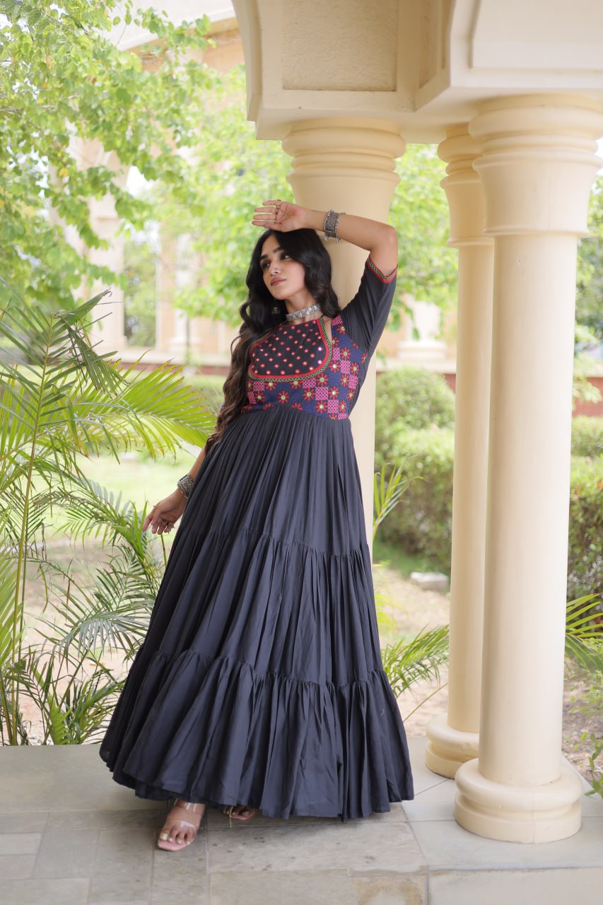 Black Cotton Gown with Real Mirror Work ClothsVilla