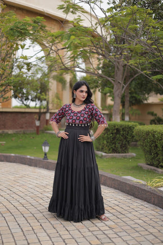 Black Cotton Gown with Real Mirror Work ClothsVilla
