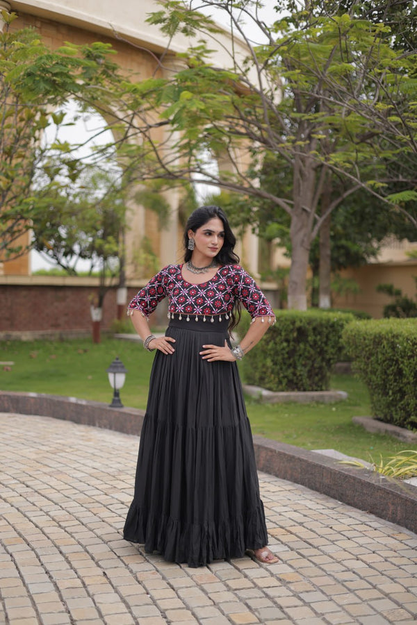 Black Cotton Gown with Real Mirror Work ClothsVilla