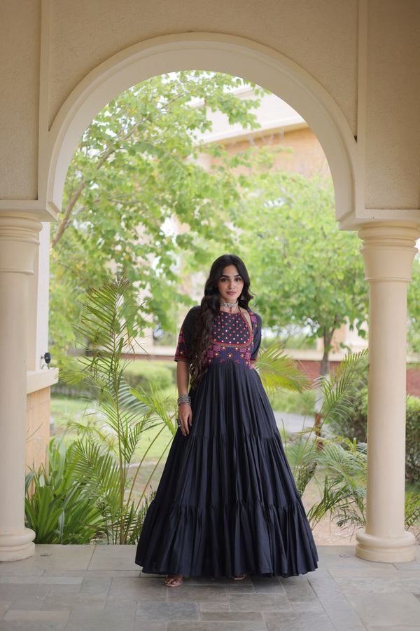 Black Cotton Gown with Real Mirror Work ClothsVilla