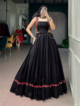 Black Cotton Kutchi Mirror Work Lehenga ClothsVilla