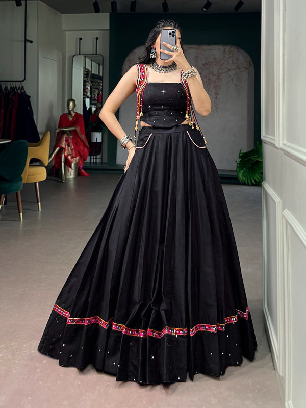 Black Cotton Kutchi Mirror Work Lehenga ClothsVilla