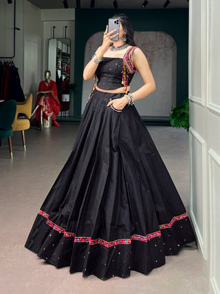Black Cotton Kutchi Mirror Work Lehenga ClothsVilla