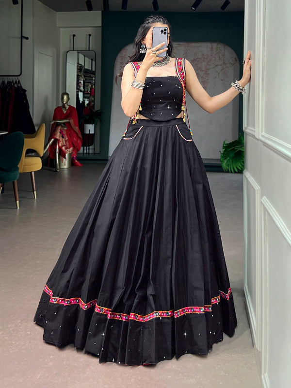 Black Cotton Kutchi Mirror Work Lehenga ClothsVilla