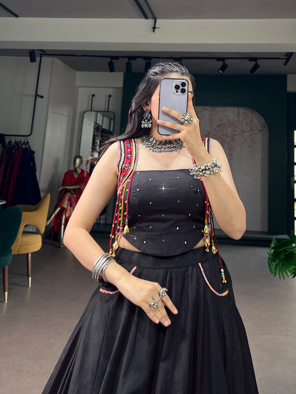 Black Cotton Kutchi Mirror Work Lehenga ClothsVilla