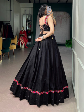 Black Cotton Kutchi Mirror Work Lehenga ClothsVilla