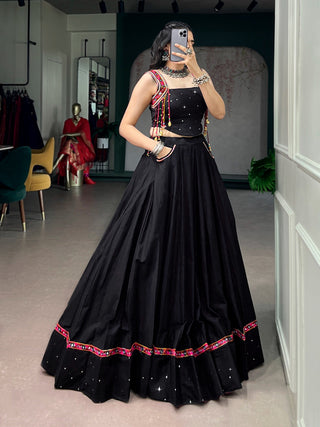 Black Cotton Kutchi Mirror Work Lehenga ClothsVilla