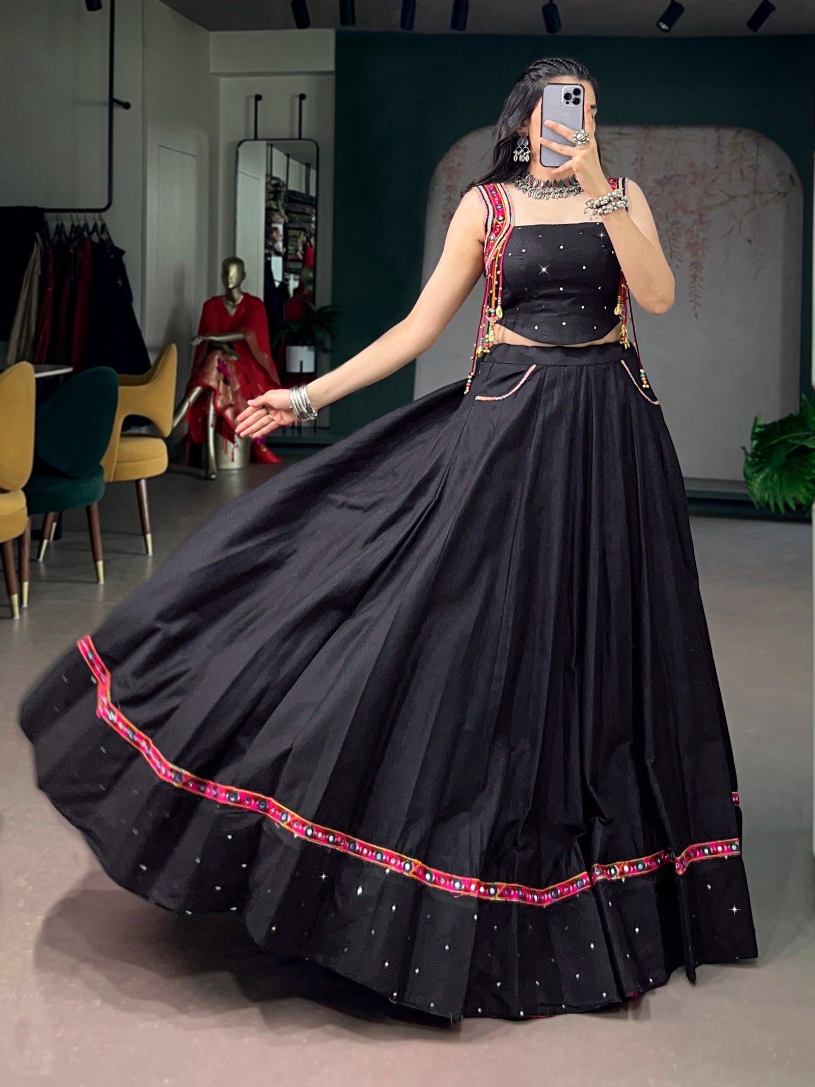 Black Cotton Kutchi Mirror Work Lehenga ClothsVilla