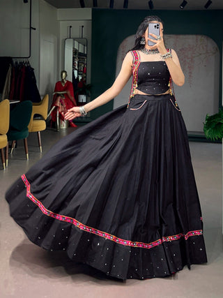 Black Cotton Kutchi Mirror Work Lehenga ClothsVilla