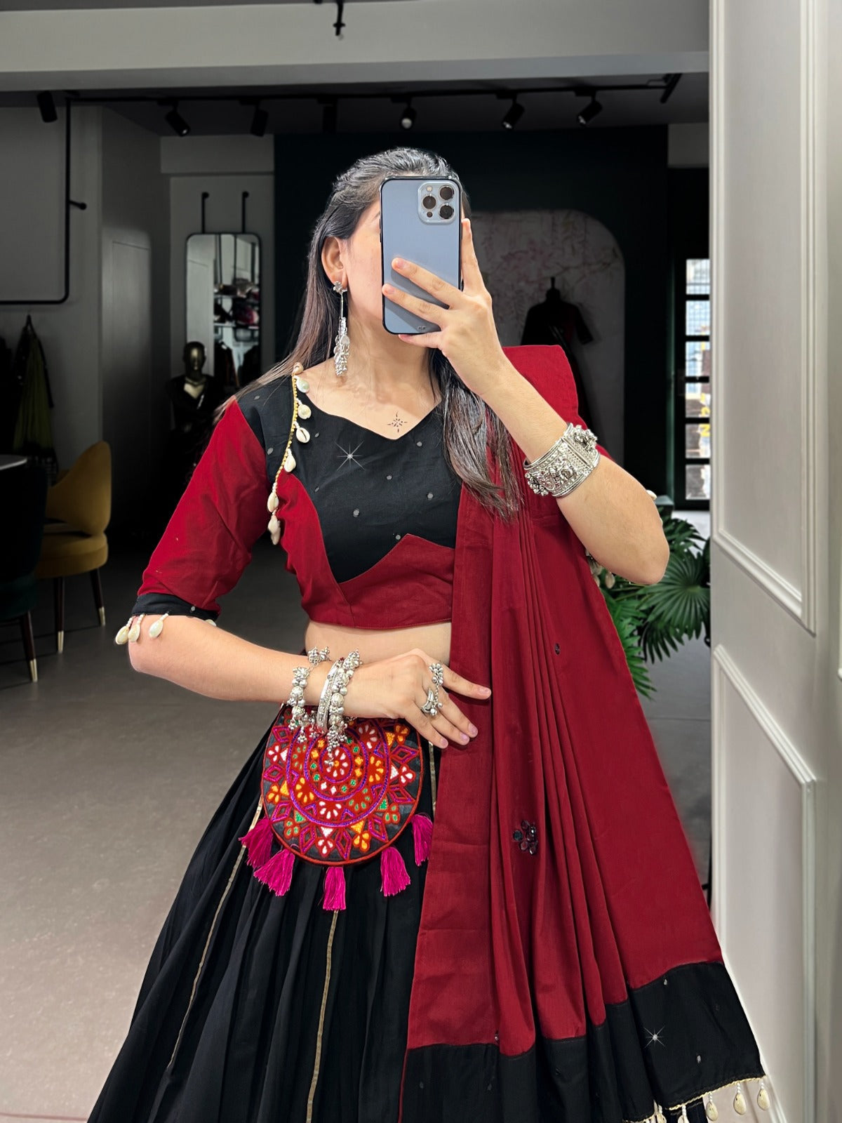 Black Cotton Lehenga Co-Ord Set with Mirror Work & Cowrie Embellishments ClothsVilla