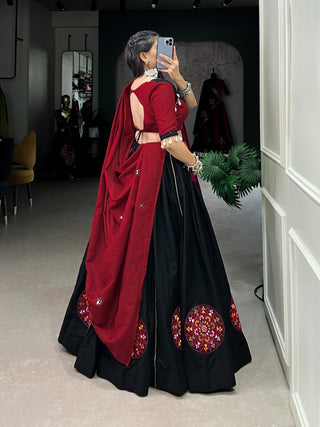 Black Cotton Lehenga Co-Ord Set with Mirror Work & Cowrie Embellishments ClothsVilla