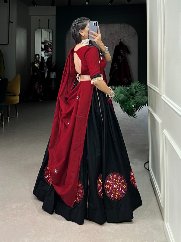 Black Cotton Lehenga Co-Ord Set with Mirror Work & Cowrie Embellishments ClothsVilla
