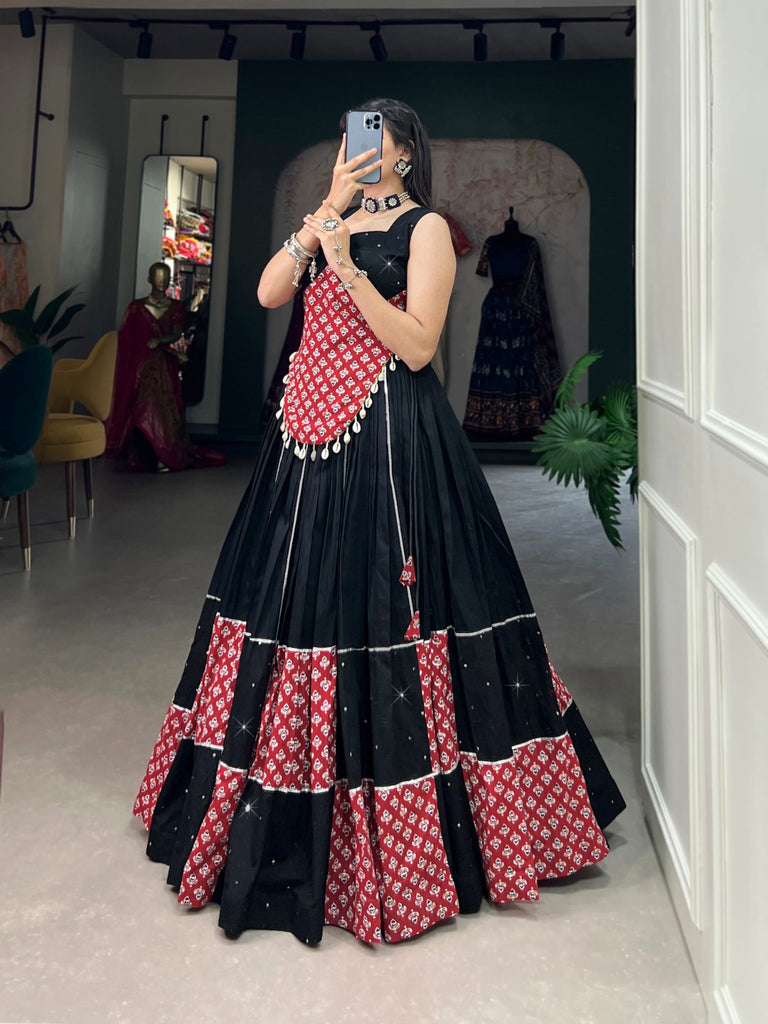 Black Cotton Lehenga Co-Ord Set with Mirror Work & Cowrie Embellishments ClothsVilla