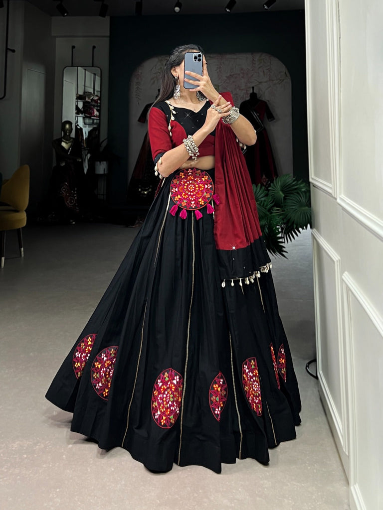 Black Cotton Lehenga Co-Ord Set with Mirror Work & Cowrie Embellishments ClothsVilla