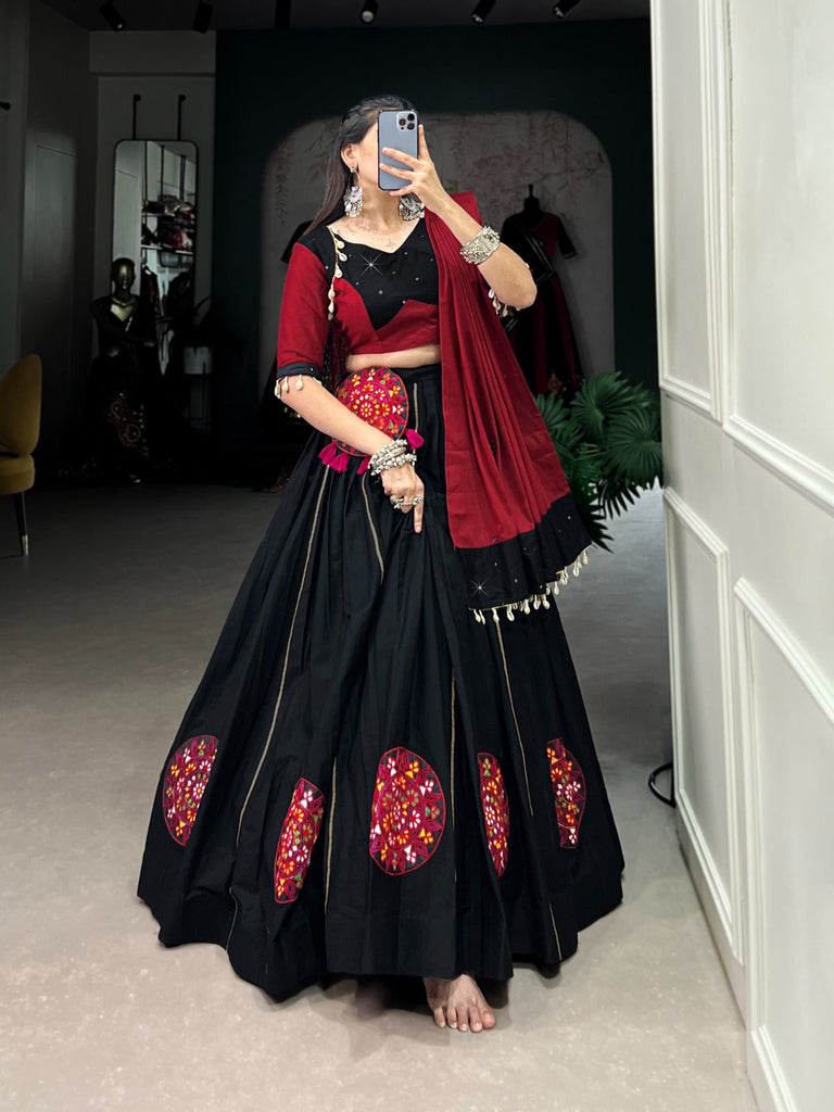 Black Cotton Lehenga Co-Ord Set with Mirror Work & Cowrie Embellishments ClothsVilla