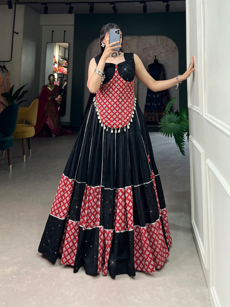 Black Cotton Lehenga Co-Ord Set with Mirror Work & Cowrie Embellishments ClothsVilla