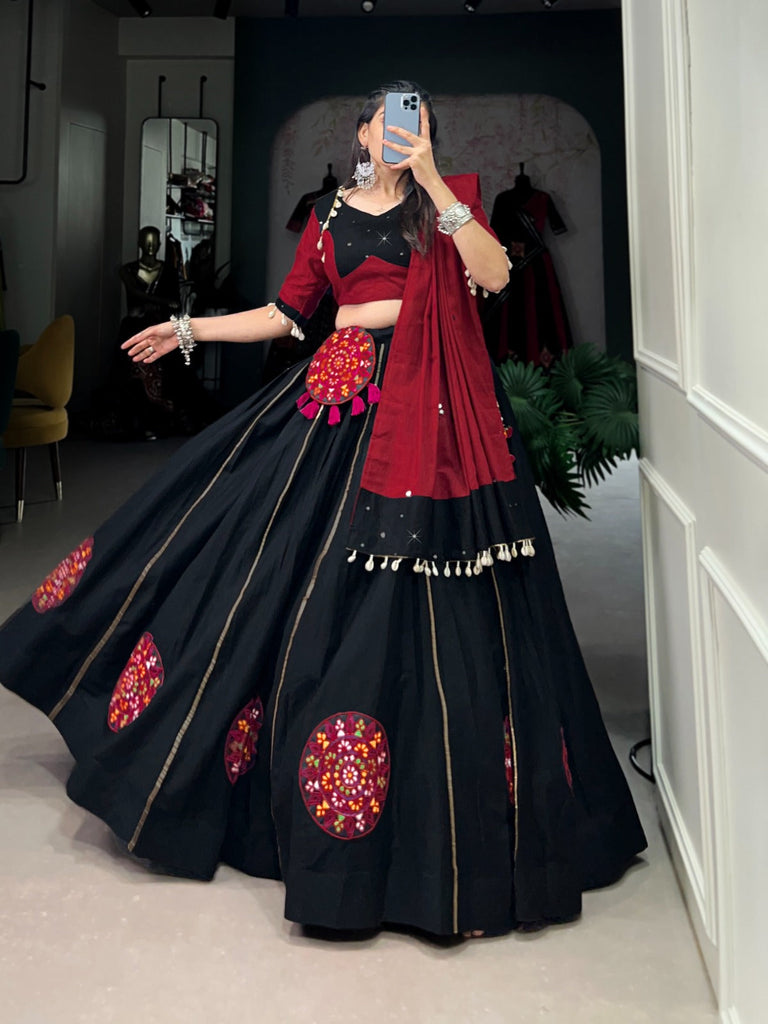 Black Cotton Lehenga Co-Ord Set with Mirror Work & Cowrie Embellishments ClothsVilla