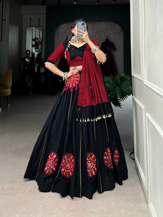 Black Cotton Lehenga Co-Ord Set with Mirror Work & Cowrie Embellishments ClothsVilla