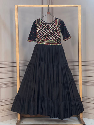 Black Cotton Multi-Thread Embroidered Gown ClothsVilla
