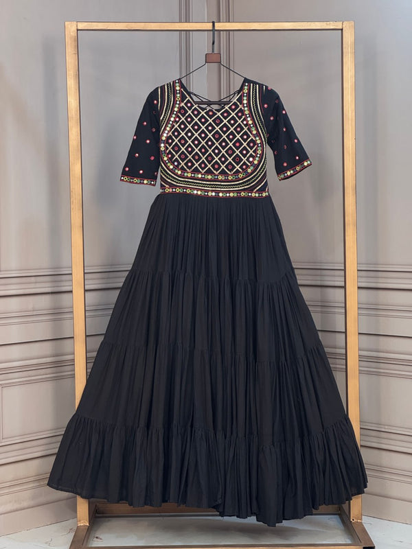 Black Cotton Multi-Thread Embroidered Gown ClothsVilla