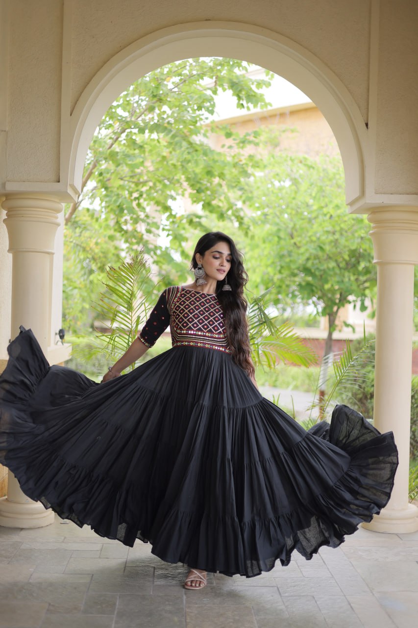 Black Cotton Multi-Thread Embroidered Gown ClothsVilla