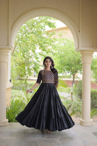 Black Cotton Multi-Thread Embroidered Gown ClothsVilla