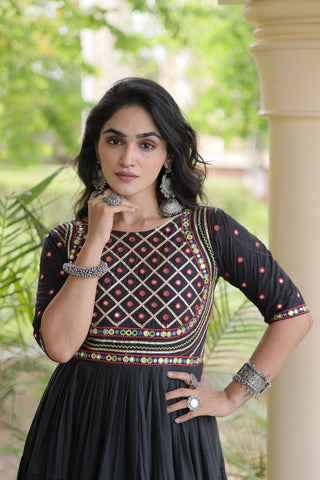 Black Cotton Multi-Thread Embroidered Gown ClothsVilla