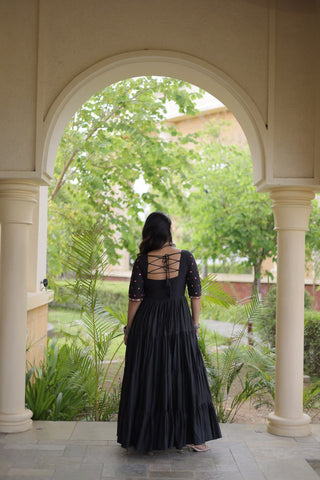 Black Cotton Multi-Thread Embroidered Gown ClothsVilla