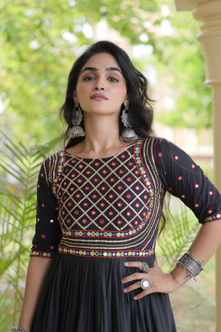 Black Cotton Multi-Thread Embroidered Gown ClothsVilla