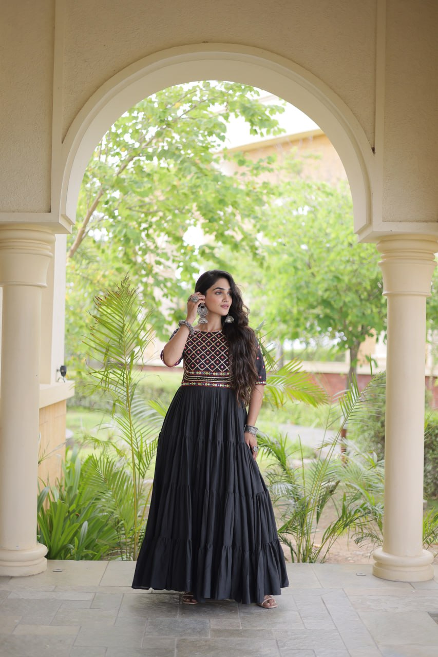 Black Cotton Multi-Thread Embroidered Gown ClothsVilla