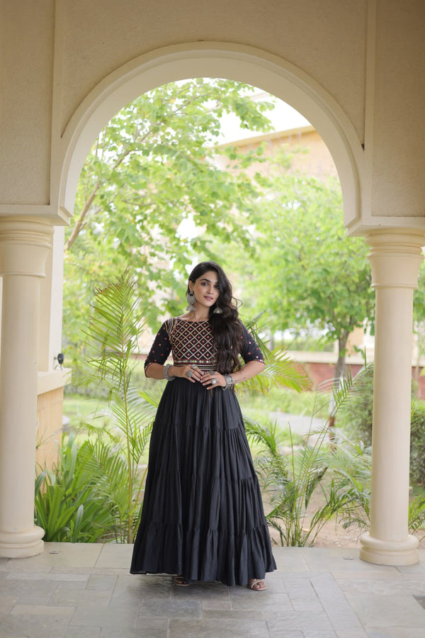 Black Cotton Multi-Thread Embroidered Gown ClothsVilla