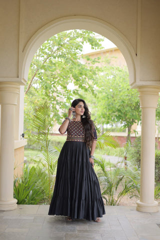 Black Cotton Multi-Thread Embroidered Gown ClothsVilla
