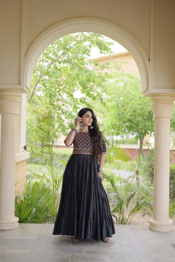 Black Cotton Multi-Thread Embroidered Gown ClothsVilla