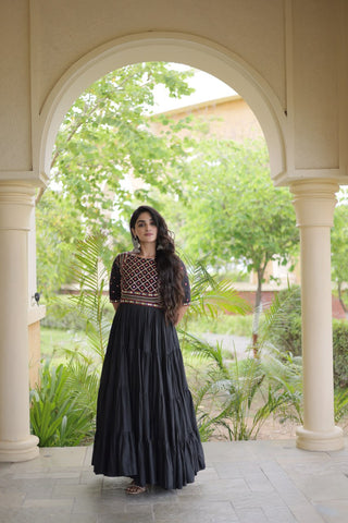 Black Cotton Multi-Thread Embroidered Gown ClothsVilla