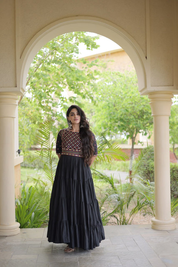 Black Cotton Multi-Thread Embroidered Gown ClothsVilla