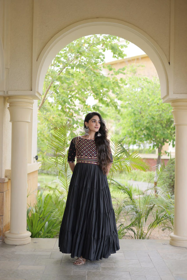 Black Cotton Multi-Thread Embroidered Gown ClothsVilla