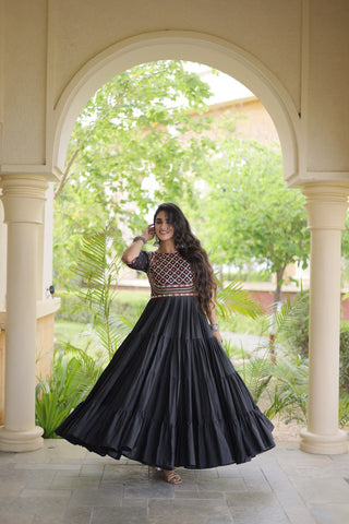 Black Cotton Multi-Thread Embroidered Gown ClothsVilla
