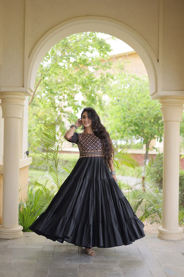 Black Cotton Multi-Thread Embroidered Gown ClothsVilla